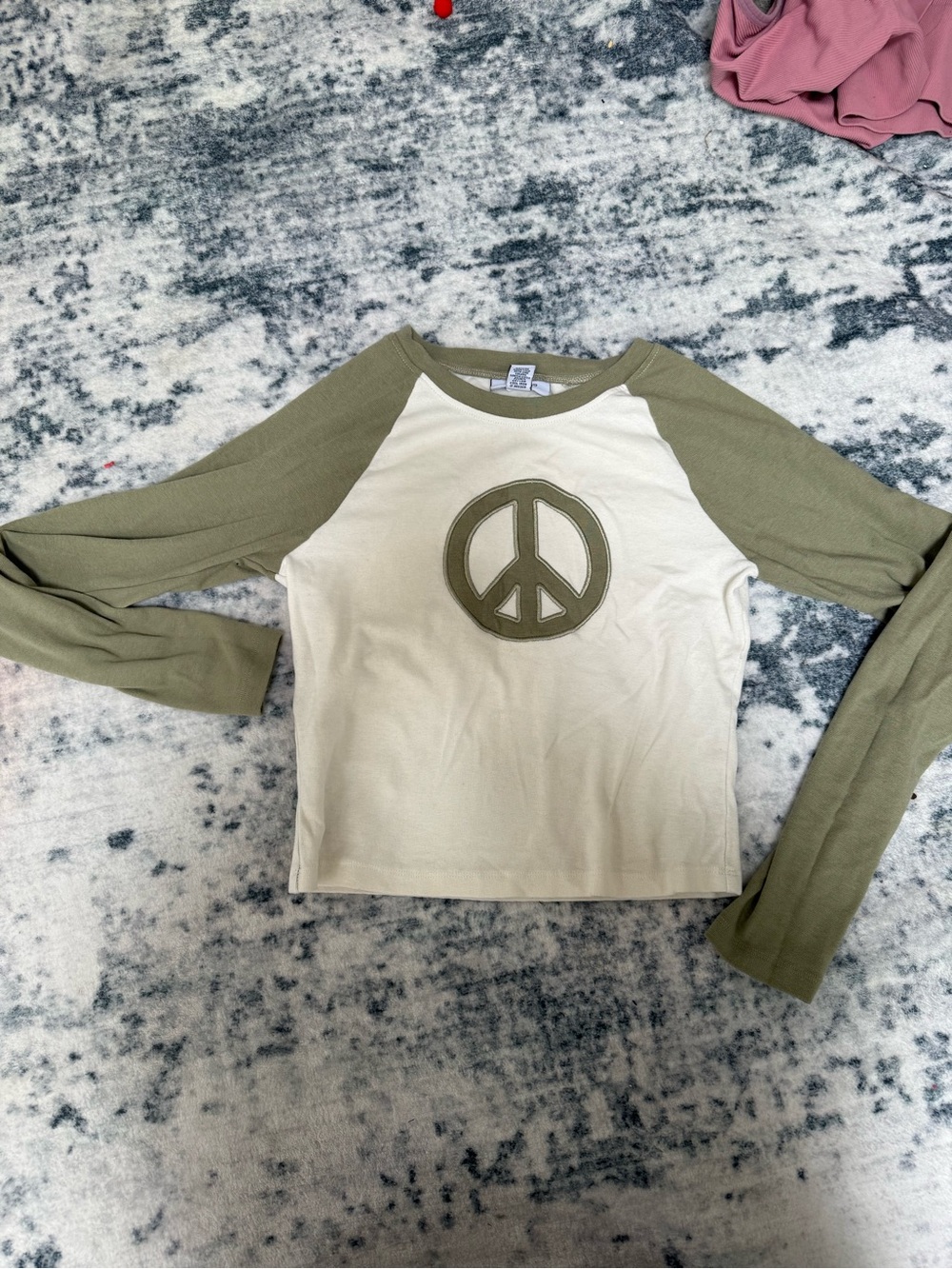 Women's Long-Sleeve Raglan Tee with Peace Graphic - Olive & Cream